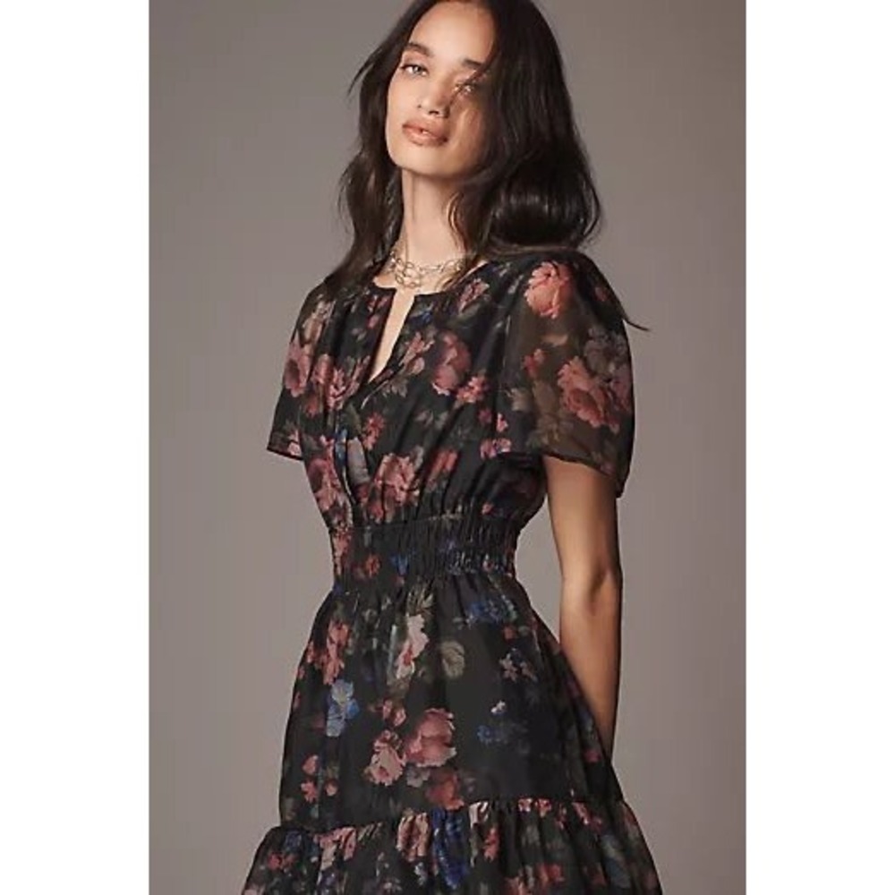 Anthropologie Somerset Floral Chiffon Tiered Mini Dress Smocked Waist L